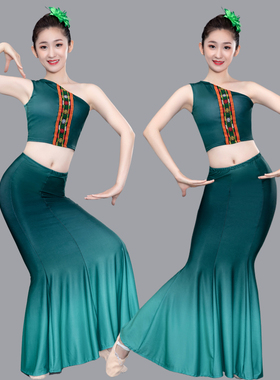 傣族舞蹈服演出服练功舞裙孔雀舞蹈艺考民族表演服装练习裙鱼尾裙