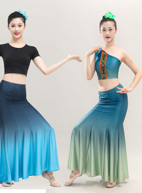 新款傣族舞蹈演出服装女练习裙民族表演服鱼尾半身裙孔雀舞艺考服