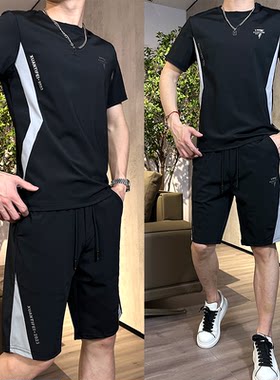 喆喆男装男士冰丝短袖短裤休闲运动套装夏季舒适透气薄款两件套装