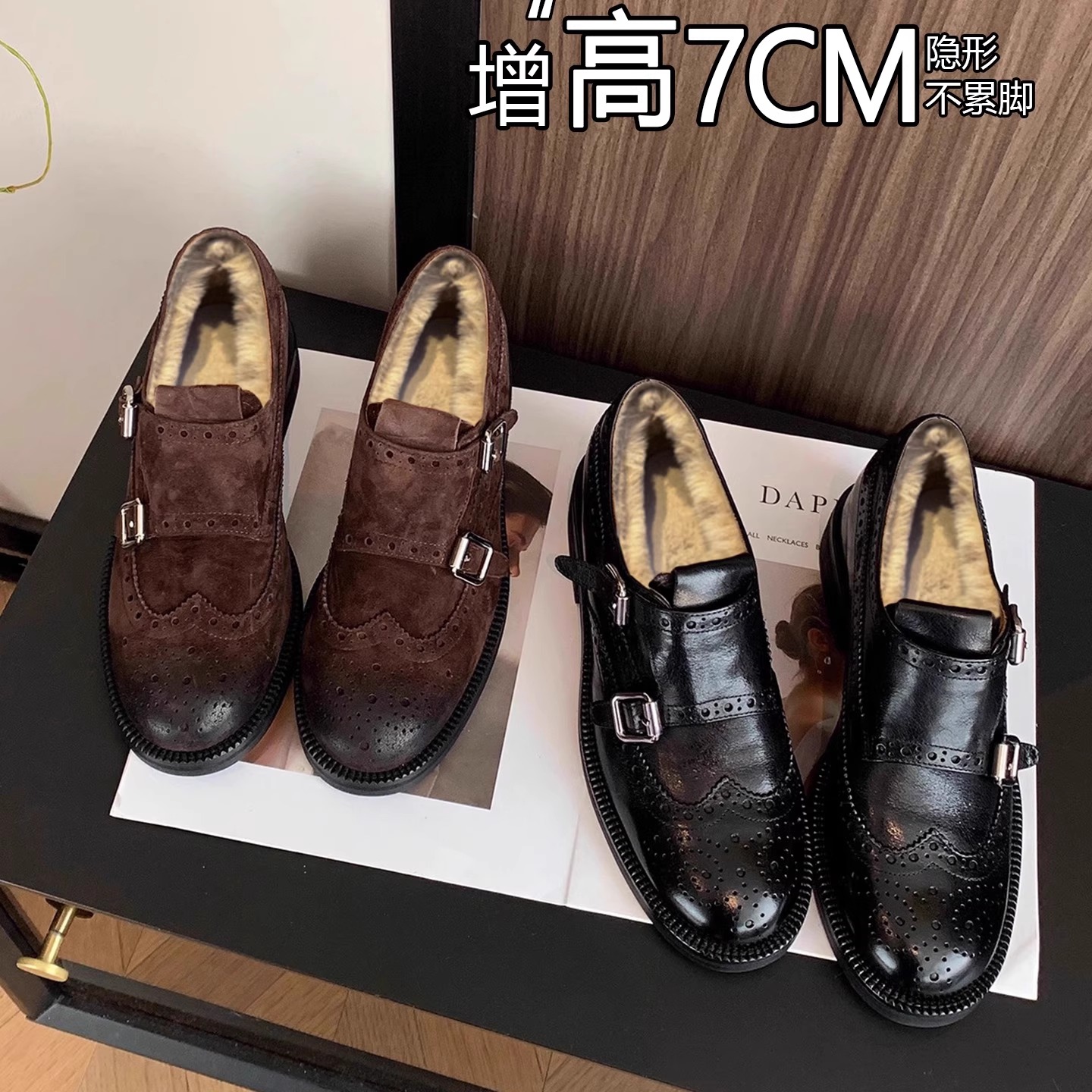 真皮复古雕花加绒小皮鞋女布洛克