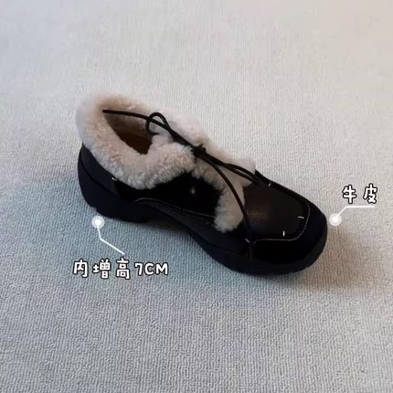 内增高7CM厚底系带深口保暖加绒乐福鞋女冬季新款百搭运动毛毛鞋