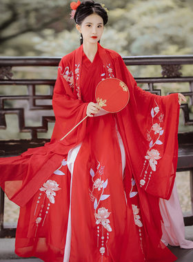 汉虞葵汉服女原创中国风红色婚服古装流仙绣花交领齐腰襦裙春
