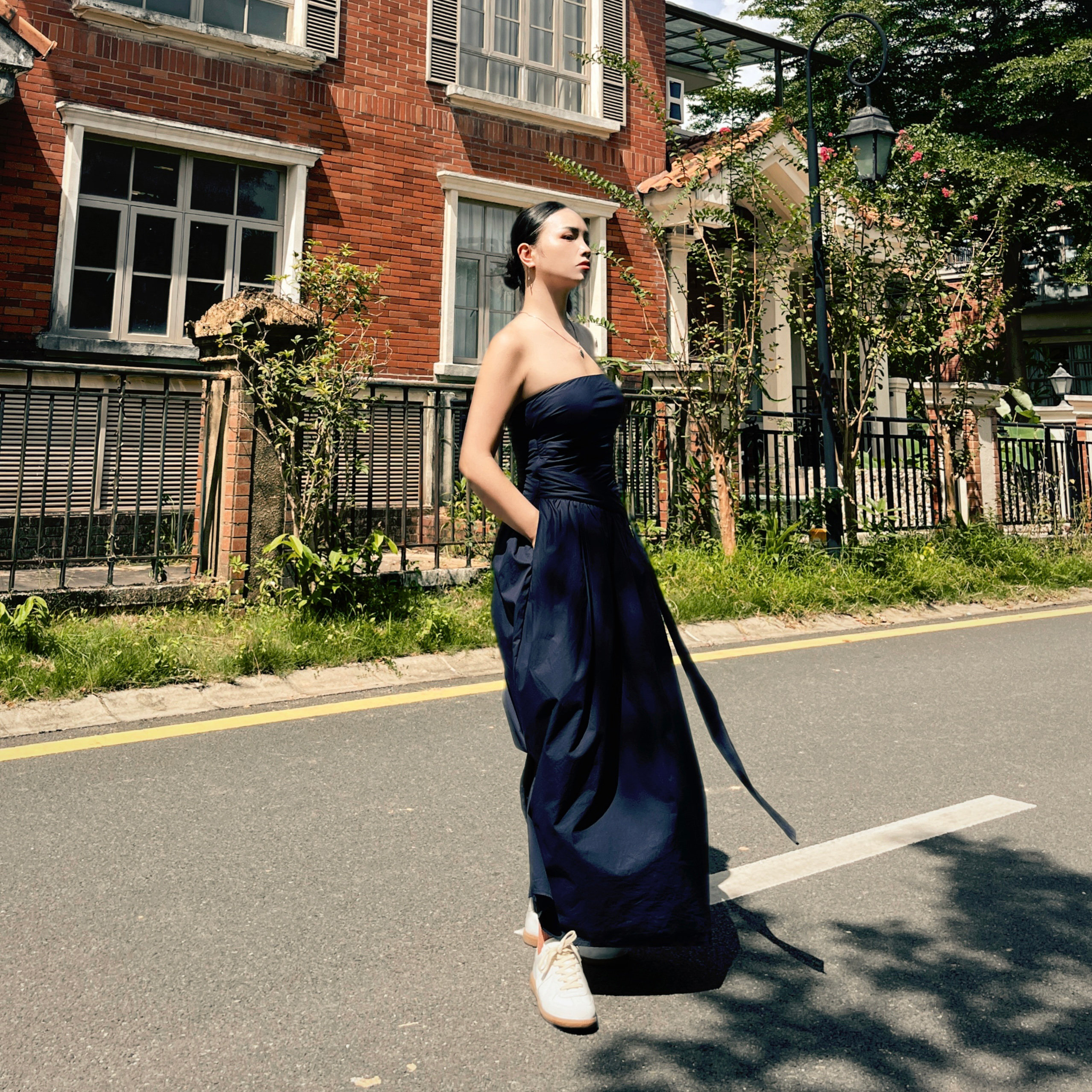 MEINIU高级冷淡风蓝色抹胸连衣裙棉收腰显瘦松弛感系带长裙巨显白