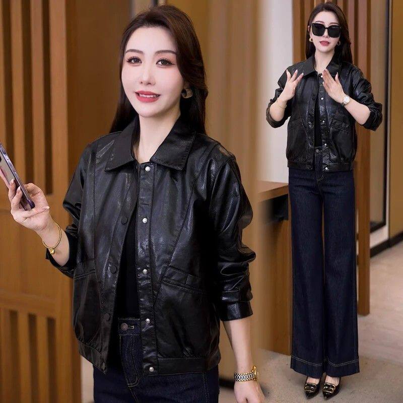 优品复古港风翻领皮衣女大码显瘦高级感PU皮短款夹克外套