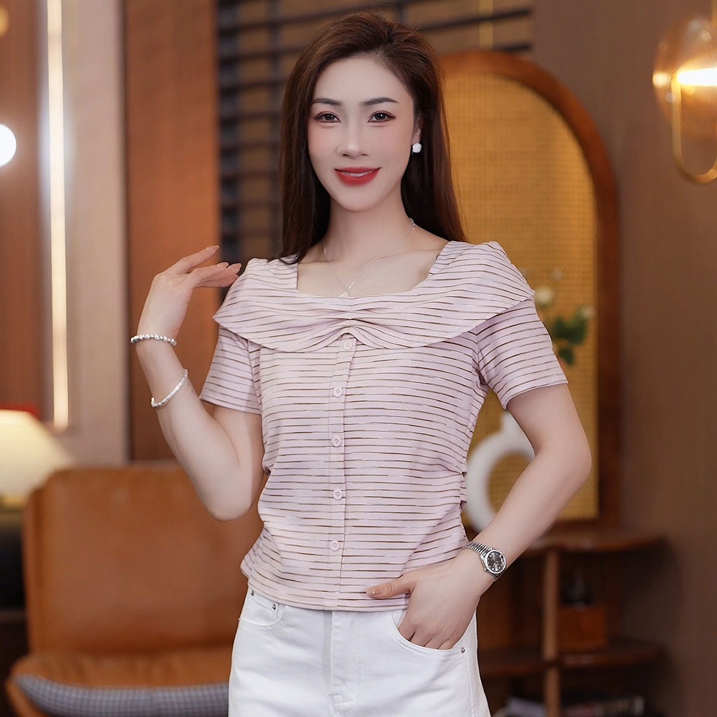 优品条纹 T 恤女夏季新款方领扭结设计修身显瘦气质百搭短袖上衣
