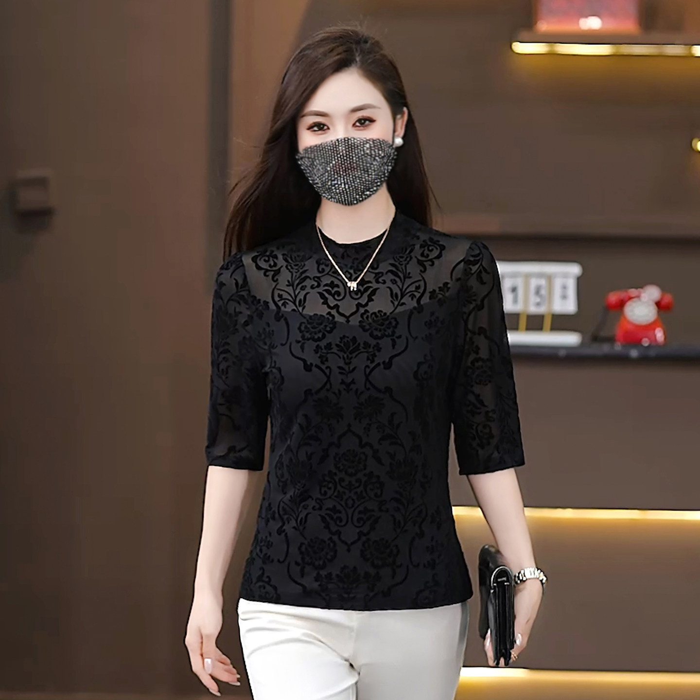 黑色蕾丝衫女中袖镂空显瘦洋气