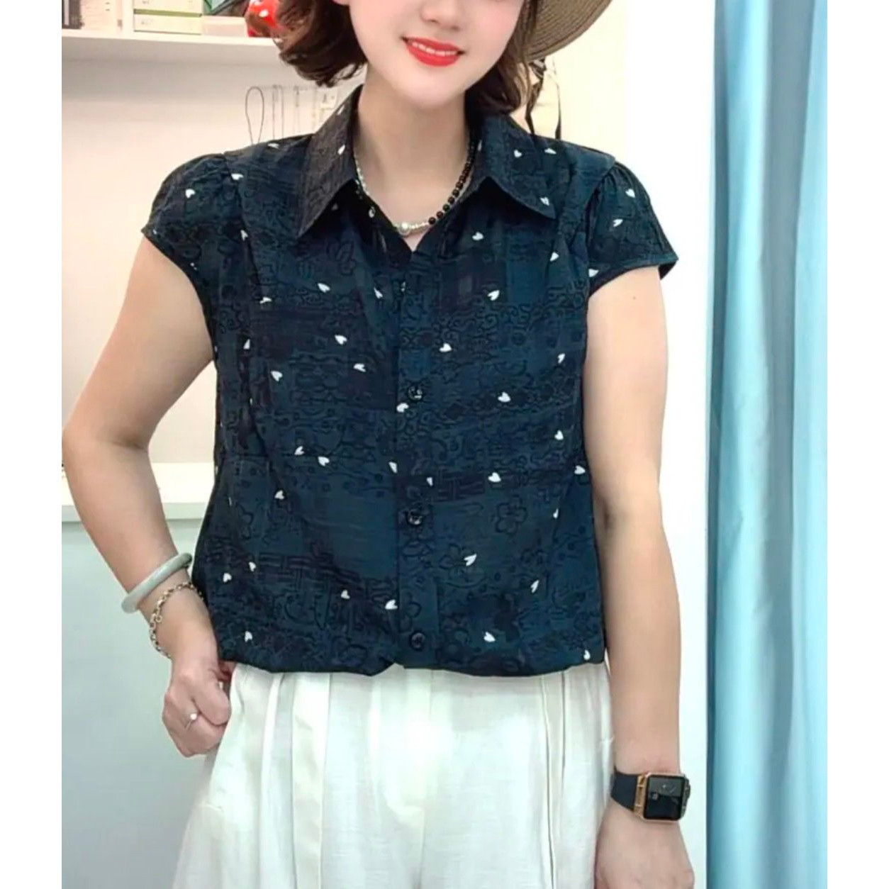 印花短袖衬衫女夏季宽松显瘦设计感上衣宽松型淑女女士圆领通勤风