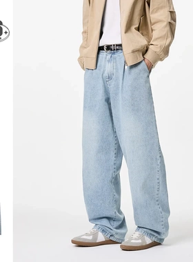 ANSWER ME美式潮牌复古水洗浅蓝牛仔裤男士宽松打褶直筒长裤K378