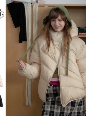 STAFFPICK小众设计斜拉链连帽冬季外套男女宽松90白鸭绒羽绒服Y09