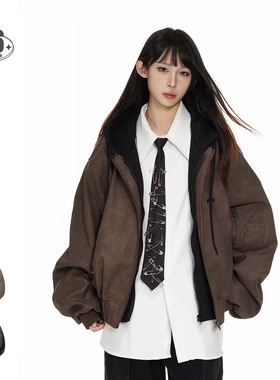 FeiddBurst美式潮牌复古PU皮夹克男女宽松机车皮衣连帽外套JK6011