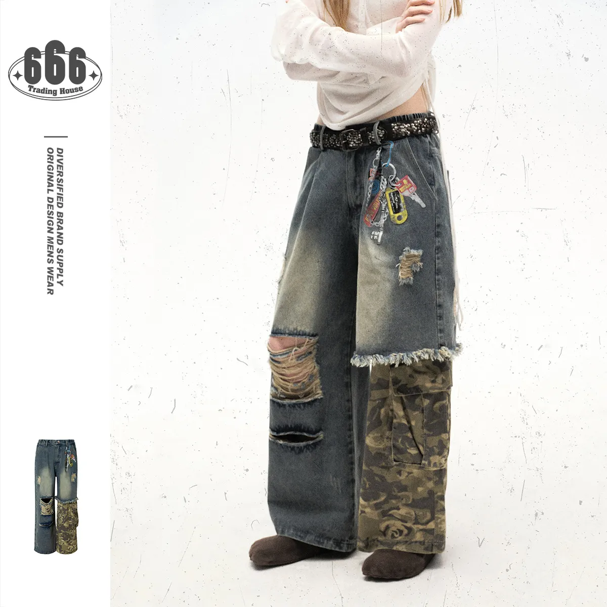 Restarall美式潮牌拼接迷彩工装裤水洗宽松破洞牛仔裤男女RK08