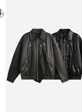 BLACKHOOP美式潮牌pu皮衣外套男女情侣拉链装饰痞帅机车服夹克B04
