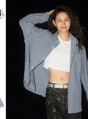 Neverules美式高级感烫钻格子衬衫男女长袖休闲宽松衬衣外套Q1074