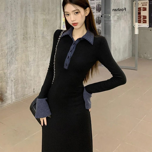 女装拼接Polo领针织连衣裙秋冬季长袖收腰裙子春复古气质a字长裙