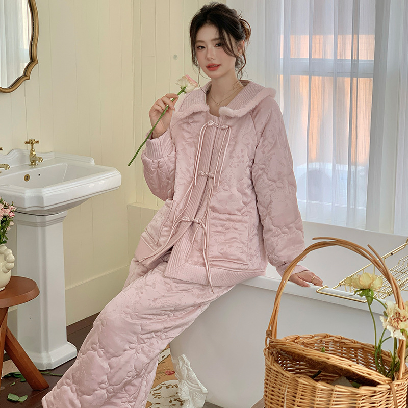 冬季新款睡衣甜美新中式夹棉娃娃领中式扣百搭时尚居家保暖可外穿