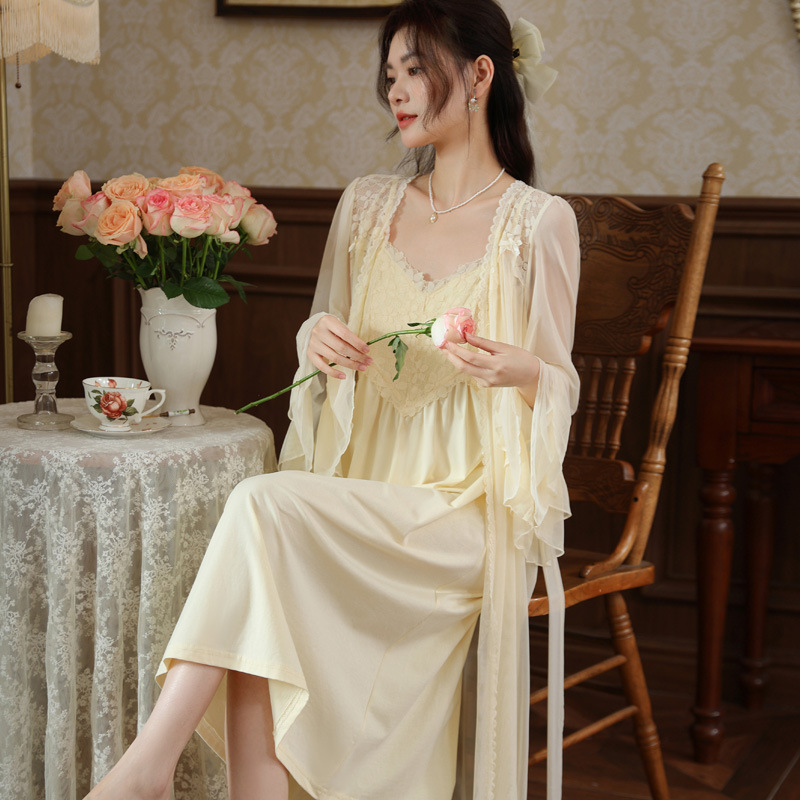 长袖睡袍女秋胸垫吊带裙法式宫廷风睡衣网纱晨袍外穿家居服套装春