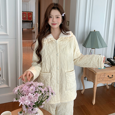 特厚三层夹棉睡衣女士秋冬色丁夹棉长袖新款甜美家居服保暖可外穿