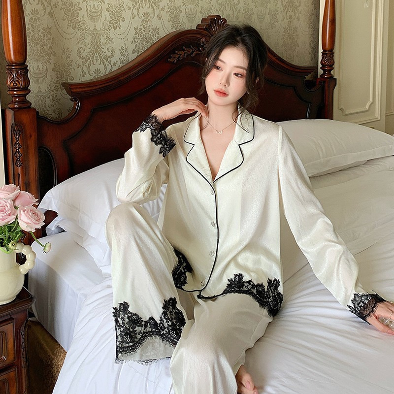 法式新款春季长袖长裤色丁睡衣女士甜美高贵开衫可外穿家居服套装