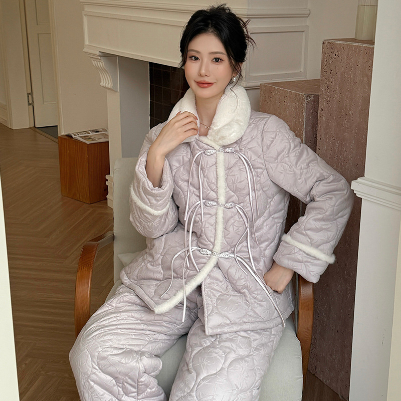 可外穿冬季新款睡衣毛绒翻领简约新中式夹棉套装中式扣居家保暖