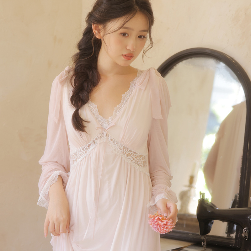 法式复古宫廷带胸垫睡裙女莫代尔春秋季长袖公主风V领冰丝睡衣裙