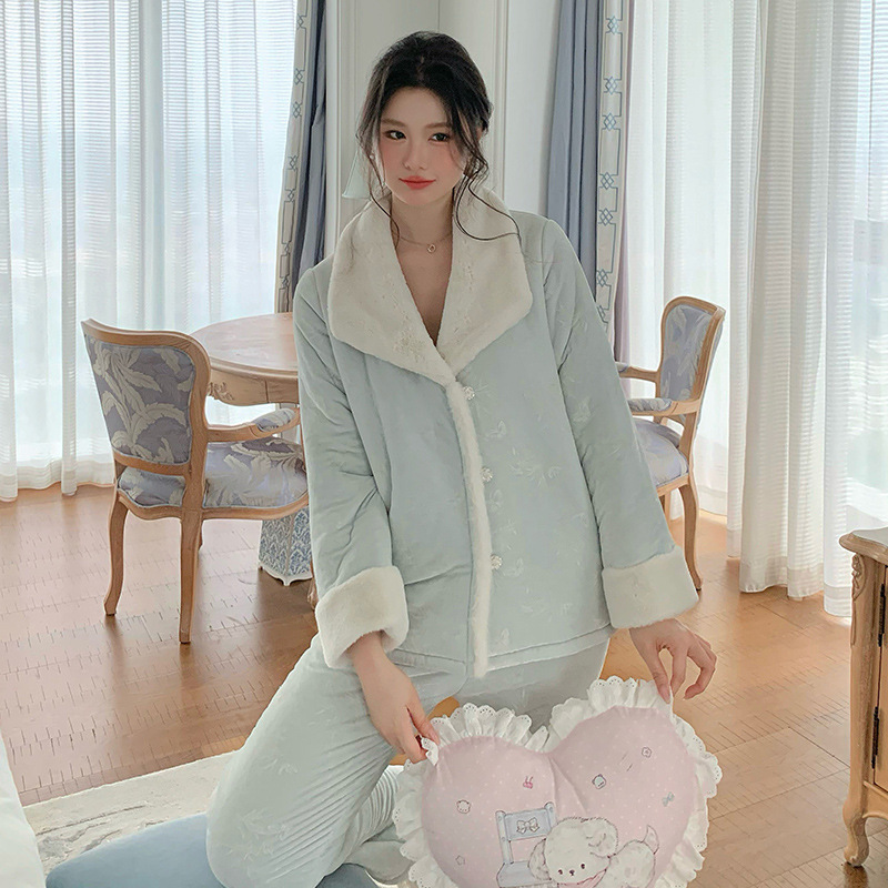 加厚冬季法式睡衣新款长袖长裤厚绒套装宽松保暖家居服可外穿女士