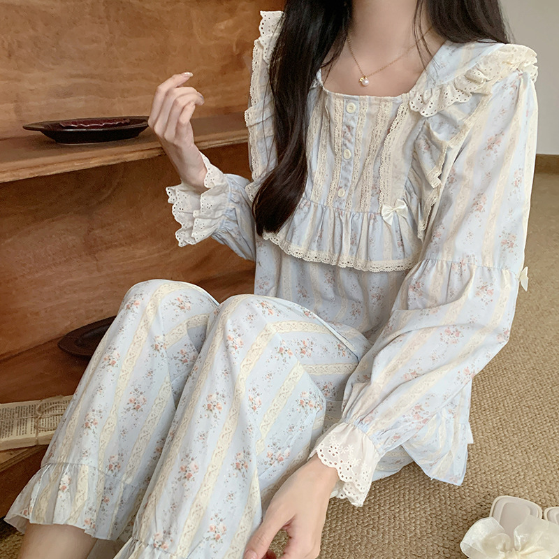 韩版秋季新款公主全棉睡衣女甜美复古纯棉长袖碎花家居服套装
