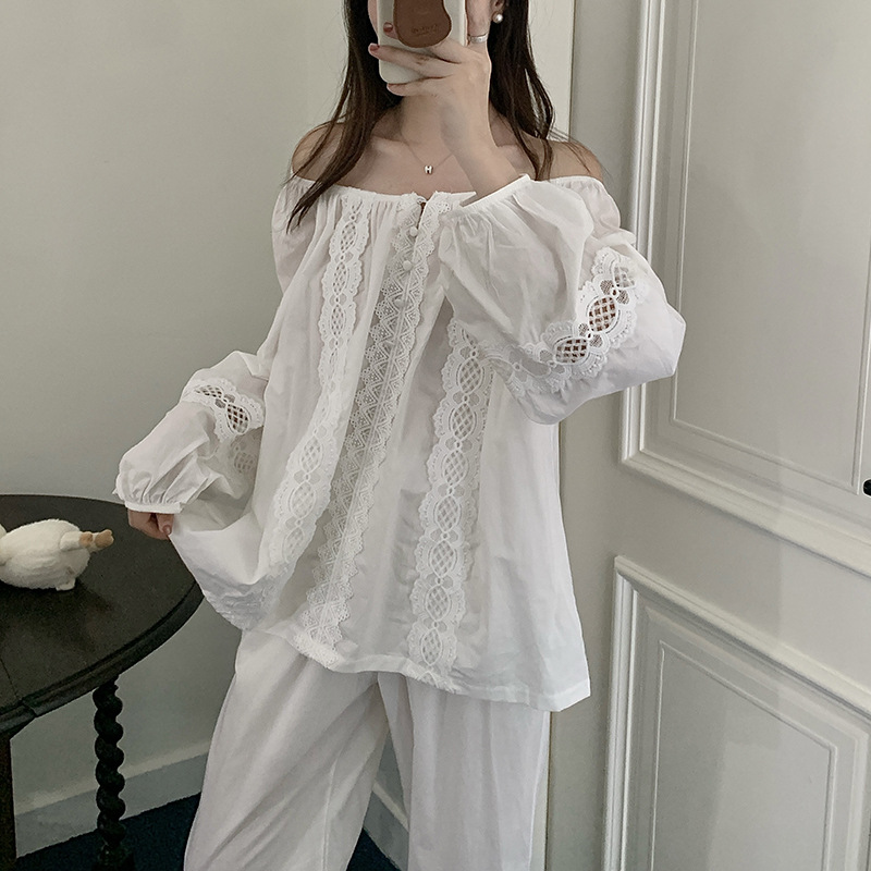 复古宫廷纯色镂空花边长袖长裤圆领纯棉睡衣女秋可外穿家居服