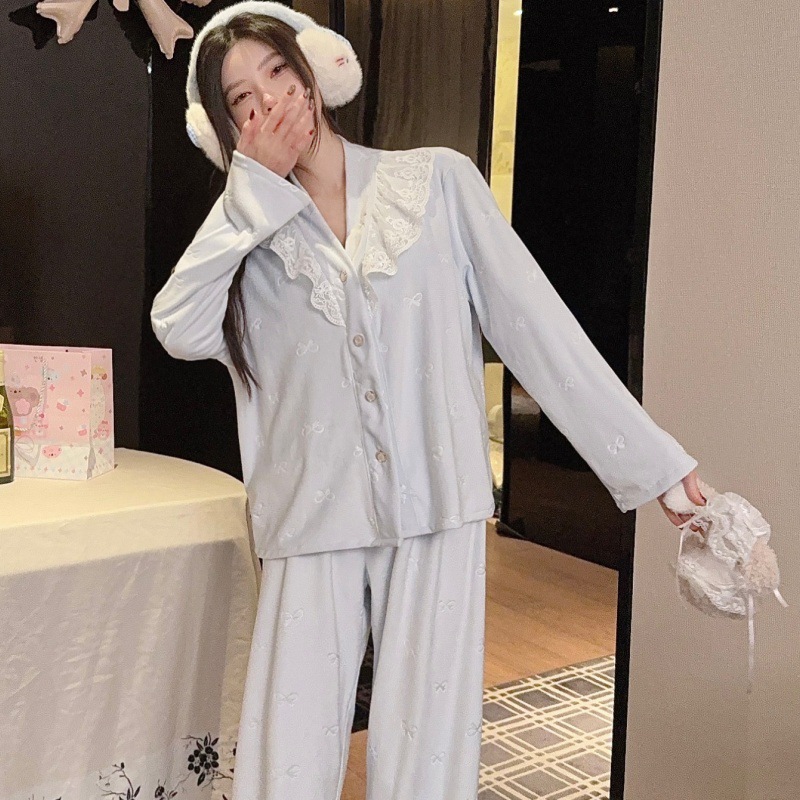 海岛绒性感睡衣女甜美新款家居服三件套双面绒保暖秋冬季蝴蝶睡衣