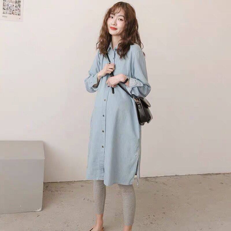 임부복 셔츠 원피스 봄 가을 루즈한 한식 버전 모유 수유하러 나가는 중기 트렌디 엄마 패셔너블한 신상 데님 면 셔츠
