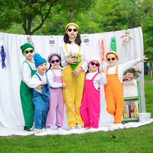 阳光合唱团表演服 演出服男女童舞蹈服亲子装 儿童彩色背带裤 长袖