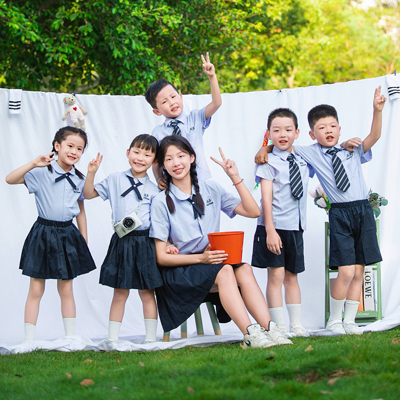 儿童蓝色衬衫演出服学院风制服泰式校服亲子装幼儿园毕业照班服