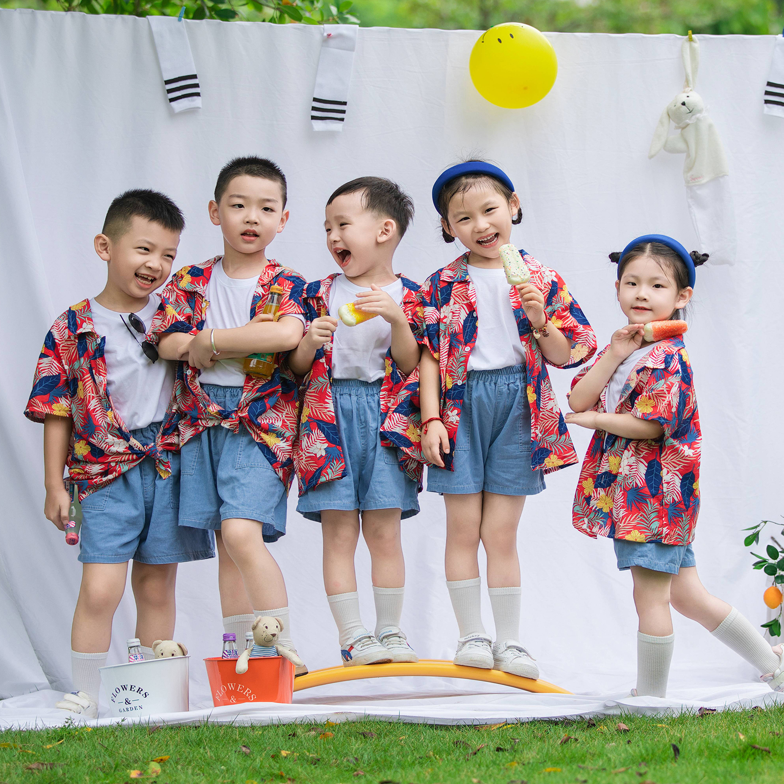 港风花衬衫牛仔裤护花使者舞蹈服啦啦操运动会班服海边度假亲子装