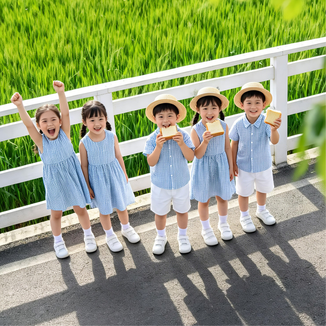 儿童演出服小清新蓝色格子连衣裙衬衫幼儿园毕业照团服园服班服