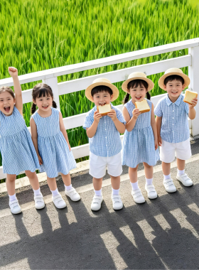 儿童演出服小清新蓝色格子连衣裙衬衫幼儿园毕业照团服园服班服