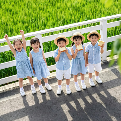 蓝色格子衬衫连衣裙兄妹装
