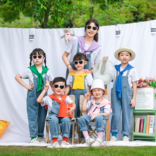 儿童演出服牛仔背带裤 幼儿园毕业照衣服中小学班服 彩色披肩新款