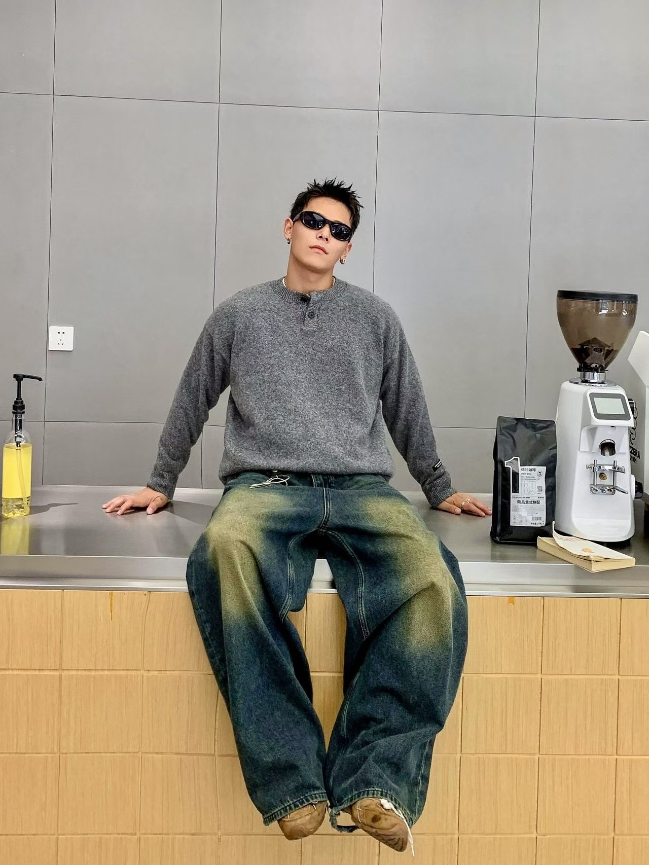 美式复古水洗做旧亨利领毛衣男