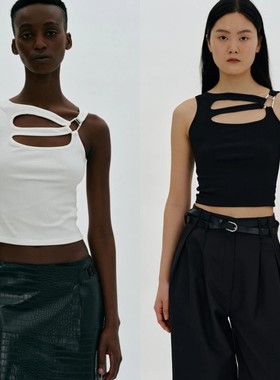 source unknown23春夏 修身弹力百搭黑白短款金属环扣背心