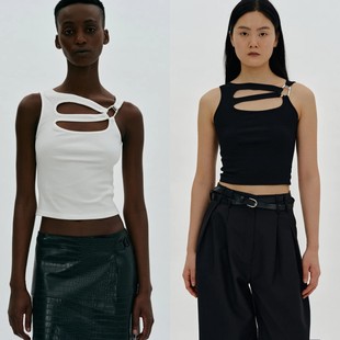 source unknown23春夏 修身弹力百搭黑白短款金属环扣背心