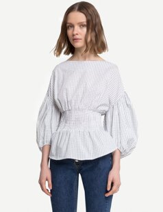 PIXIE MARKET 格子少女风泡泡袖后拉链松紧腰衬衫春夏