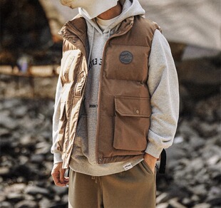 日系复古工装 外套背心保暖休闲潮 立领棉服马甲男秋冬加厚坎肩无袖