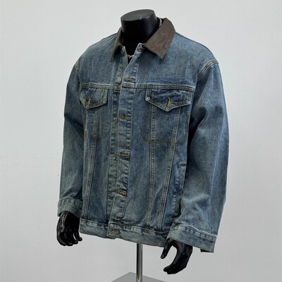 美式复古巴恩风皮领水洗牛仔外套男秋冬底特律工装夹克哈灵顿外套