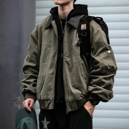 美式复古水洗拼皮领巴恩风男女秋季廓形宽松外套工装夹克潮牌上衣