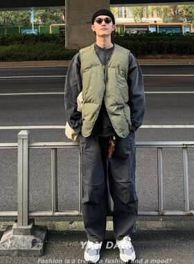 美式复古v领棉服马甲外套潮牌欧美街头vintage加厚保暖背心坎肩男
