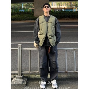 美式 复古v领棉服马甲外套潮牌欧美街头vintage加厚保暖背心坎肩男