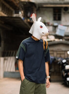 美式夏季重磅复古潮流撞色拼接短袖T恤男潮流圆领休闲半袖兔先森