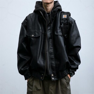 防风廓形多口袋外套 春秋季 美式 复古街头百搭质感黑色机车皮衣男士