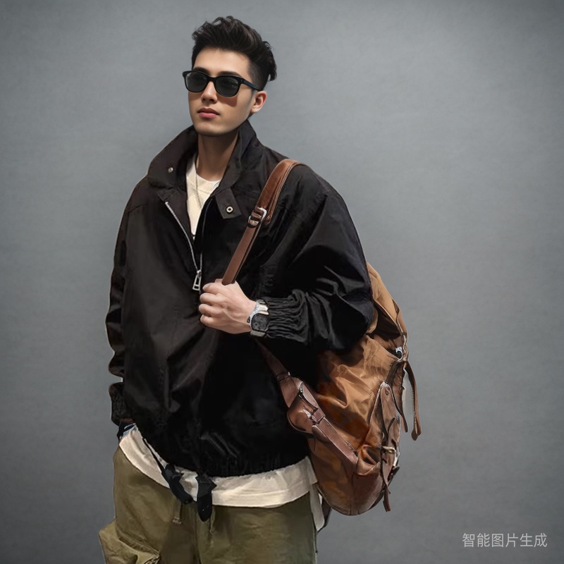 美式潮牌半拉链工装夹克男春秋款余文乐上衣原宿风立领教练外套潮