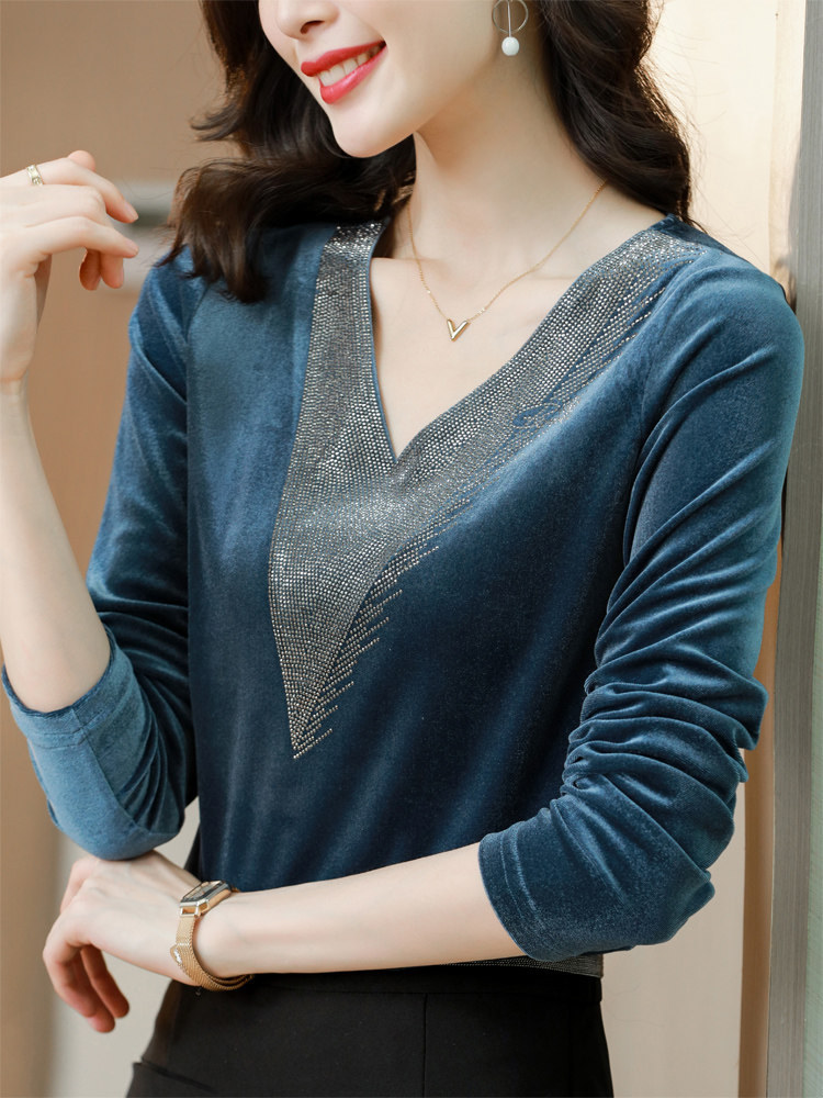 金丝绒长袖真丝桑蚕丝发热打底衫女秋冬洋气内搭遮肚子女人味上衣
