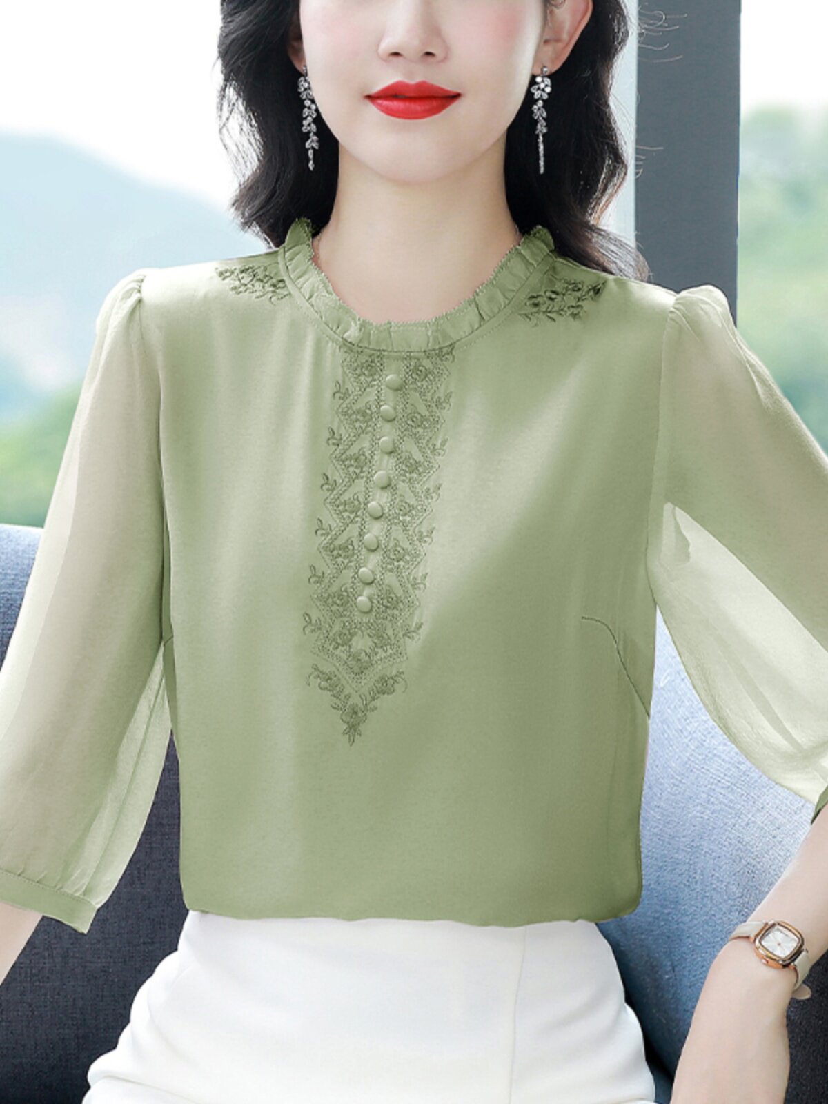 실크 셔츠 뽕나무 실크 탑 여성 여름 2024 새로운 쉬폰 브랜드 셔츠 레이디 자수 블라우스